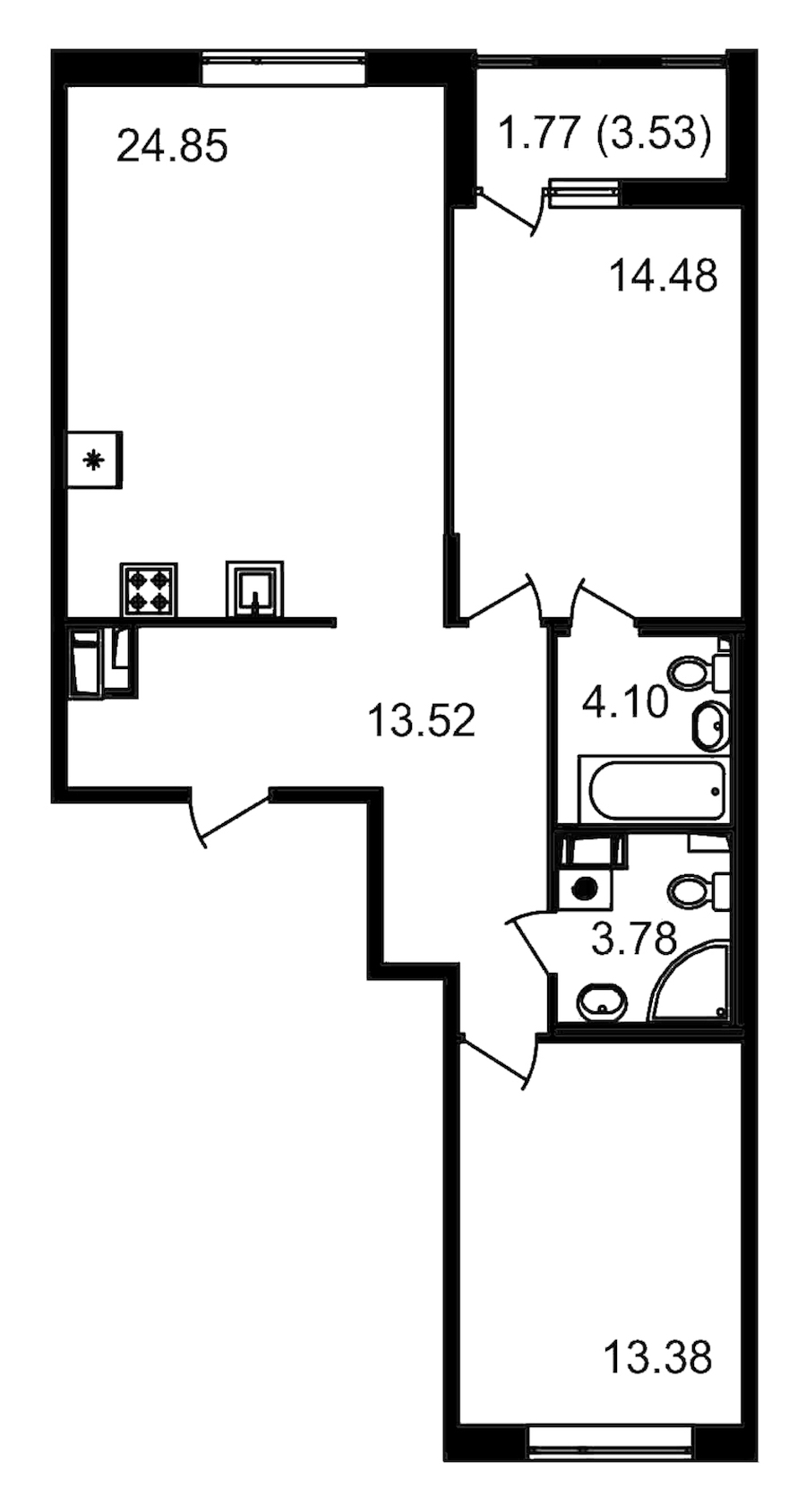 2-комнатная квартира 74.11 м², 14/14 эт., ЖК «Чёрная речка»